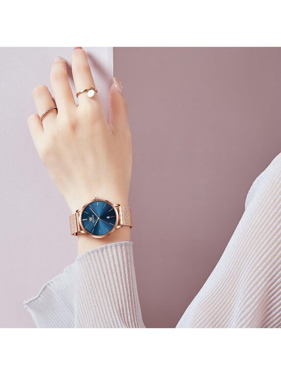 Women\'s Rose Gold Blue Mesh Stainless Steel Slim Thin Waterproof Luxury Watch